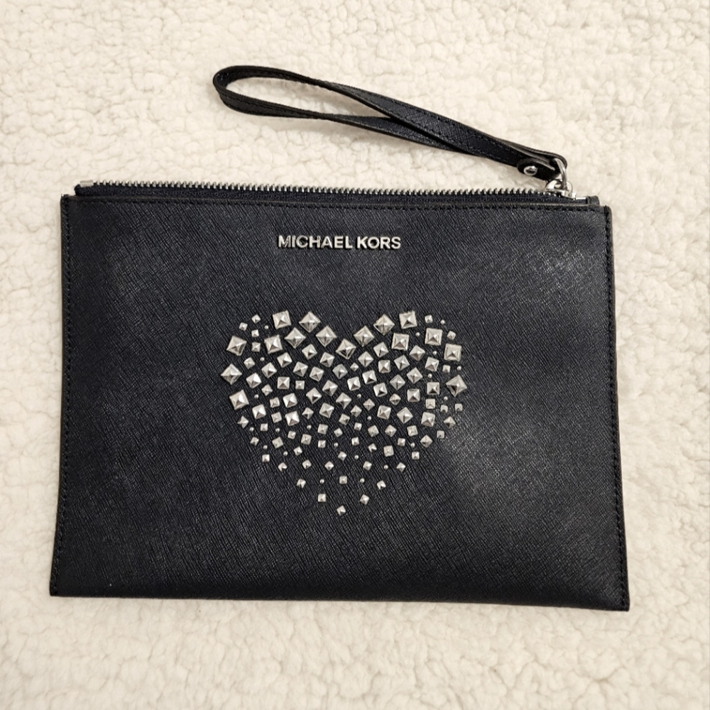 Michael Kors Navy Wristlet with Silver Heart Design